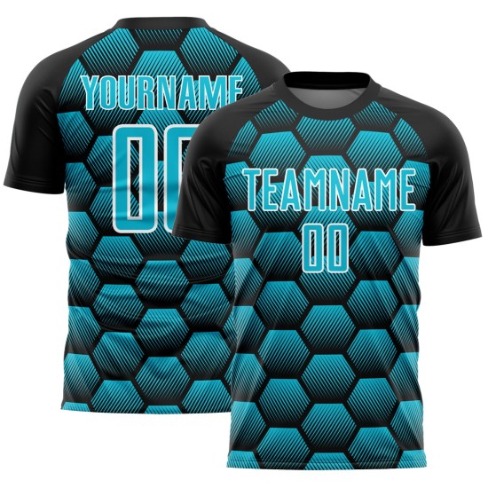 Schwarz Fußball Muster Sublimation Hexagons Lakes Blau-Weiß Jersey Uniform Custom Schwarz Fußball Muster Sublimation Hexagons Lakes Blau-Weiß Jersey Uniform Custom