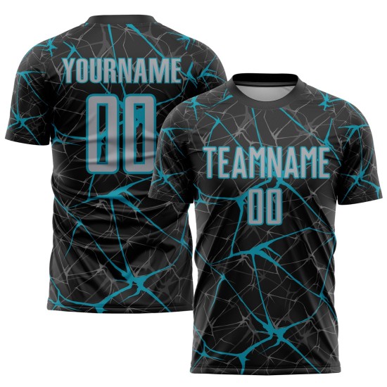 Uniform Fußball Custom Jersey Sublimation Schwarz Grau-Blaugrün Uniform Fußball Custom Jersey Sublimation Schwarz Grau-Blaugrün