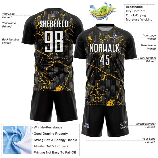 Fußballtrikot Uniform Lightning Custom Sublimation Schwarz Weiß-Gelb Fußballtrikot Uniform Lightning Custom Sublimation Schwarz Weiß-Gelb