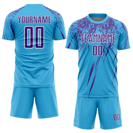 Fußball Lila-Weiß Custom Sublimation Uniform Sky Jersey Blau Fußball Lila-Weiß Custom Sublimation Uniform Sky Jersey Blau