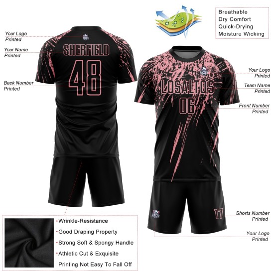 Schwarzes Sublimations-Fußballtrikot für individuelle Uniformen, Mittelrosa Schwarzes Sublimations-Fußballtrikot für individuelle Uniformen, Mittelrosa