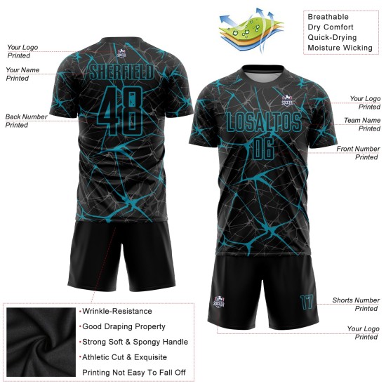 Sublimation Fußball Custom Schwarz Jersey Teal Uniform Sublimation Fußball Custom Schwarz Jersey Teal Uniform
