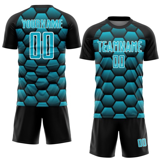 Schwarz Fußball Muster Sublimation Hexagons Lakes Blau-Weiß Jersey Uniform Custom Schwarz Fußball Muster Sublimation Hexagons Lakes Blau-Weiß Jersey Uniform Custom