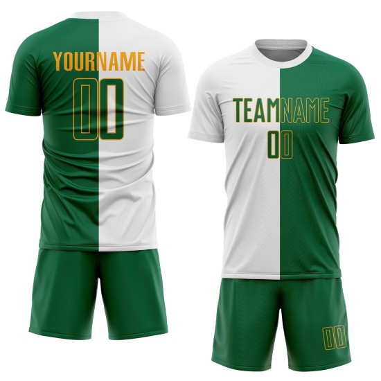 Weiß Custom Uniform Kelly Jersey Split Fashion Grün-Gold Sublimation Fußball Weiß Custom Uniform Kelly Jersey Split Fashion Grün-Gold Sublimation Fußball