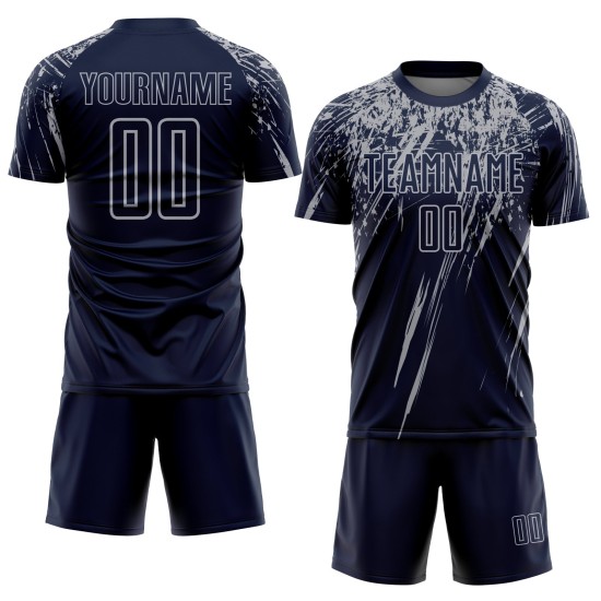 Benutzerdefinierte Sublimation Navy Grau Jersey Fußballuniform Benutzerdefinierte Sublimation Navy Grau Jersey Fußballuniform