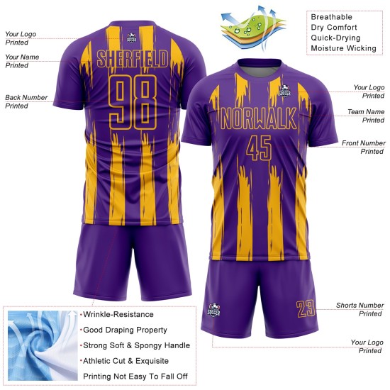 Benutzerdefinierte Gold Uniform Fußball Lila Jersey Abstrakte Streifen Sublimation Benutzerdefinierte Gold Uniform Fußball Lila Jersey Abstrakte Streifen Sublimation