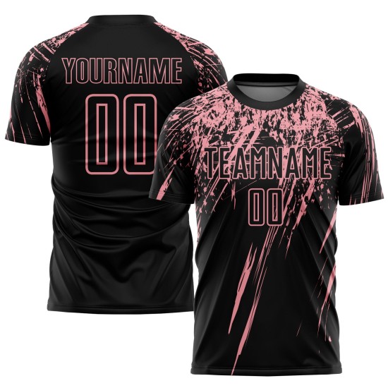 Schwarzes Sublimations-Fußballtrikot für individuelle Uniformen, Mittelrosa Schwarzes Sublimations-Fußballtrikot für individuelle Uniformen, Mittelrosa