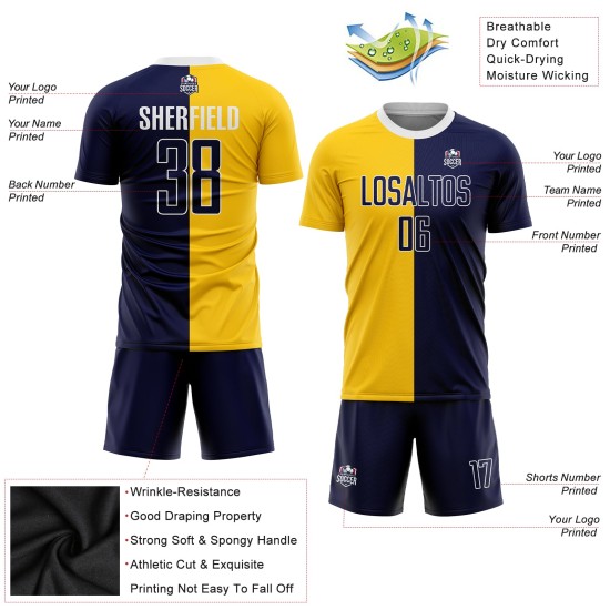 Fußball Custom Uniform Gold Fashion Navy-Weiß Split Sublimation Jersey Fußball Custom Uniform Gold Fashion Navy-Weiß Split Sublimation Jersey