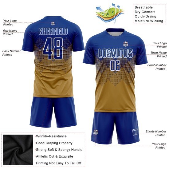 Gold Fußballuniform Royal-White Jersey Alte benutzerdefinierte Sublimation Gold Fußballuniform Royal-White Jersey Alte benutzerdefinierte Sublimation