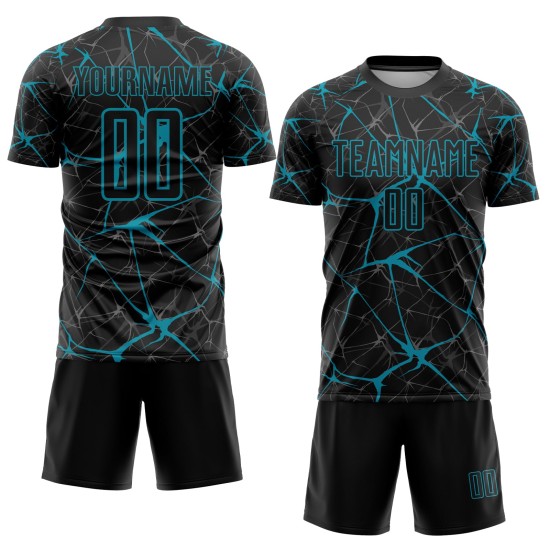 Sublimation Fußball Custom Schwarz Jersey Teal Uniform Sublimation Fußball Custom Schwarz Jersey Teal Uniform