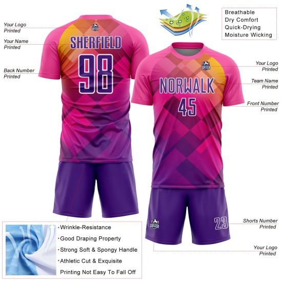 Rosa Fußball Formen Geometrische Lila-Weiß Uniform Custom Jersey Sublimation Rosa Fußball Formen Geometrische Lila-Weiß Uniform Custom Jersey Sublimation