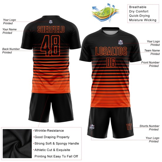 Fußball Custom Uniform Nadelstreifen Sublimation Jersey Schwarz Orange Mode Verblassen Fußball Custom Uniform Nadelstreifen Sublimation Jersey Schwarz Orange Mode Verblassen