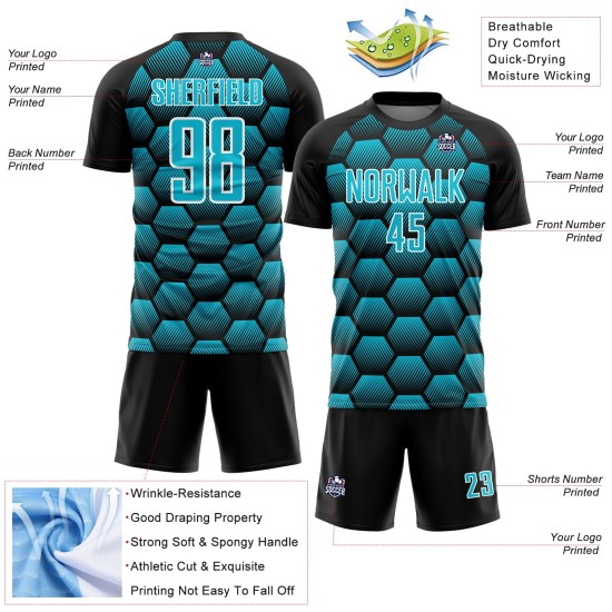 Schwarz Fußball Muster Sublimation Hexagons Lakes Blau-Weiß Jersey Uniform Custom Schwarz Fußball Muster Sublimation Hexagons Lakes Blau-Weiß Jersey Uniform Custom