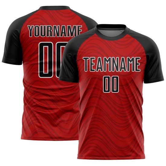 Wellenlinien Sublimation Uniform Fußball Rot Jersey Schwarz-Weiß Custom Wellenlinien Sublimation Uniform Fußball Rot Jersey Schwarz-Weiß Custom