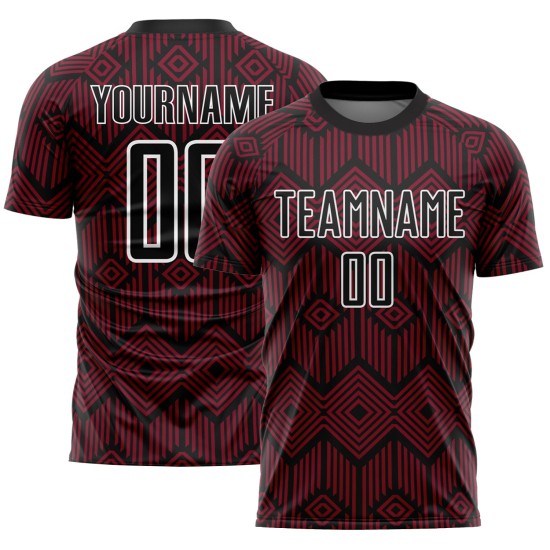 Crimson Geometric Sublimation Shapes Schwarz-Weiß Custom Uniform Abstraktes Fußballtrikot Crimson Geometric Sublimation Shapes Schwarz-Weiß Custom Uniform Abstraktes Fußballtrikot