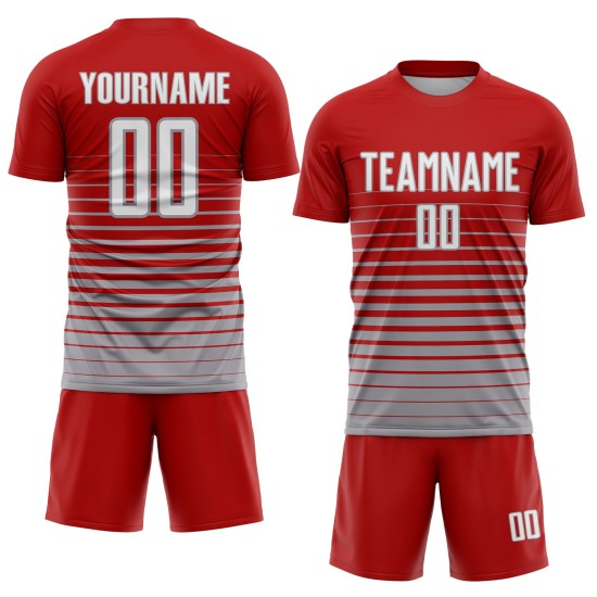 Mode Fußball Sublimation Nadelstreifen Rot Custom Jersey Uniform Fade Weiß-Grau Mode Fußball Sublimation Nadelstreifen Rot Custom Jersey Uniform Fade Weiß-Grau