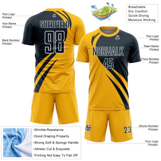 Curve Navy-Weiß Sublimation Gold Custom Lines Fußball Uniform Trikot Curve Navy-Weiß Sublimation Gold Custom Lines Fußball Uniform Trikot