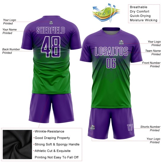 Jersey Sublimation Gras Uniform Grün Custom Lila-Weiß Fußball Jersey Sublimation Gras Uniform Grün Custom Lila-Weiß Fußball