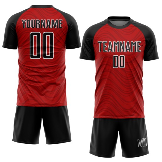 Wellenlinien Sublimation Uniform Fußball Rot Jersey Schwarz-Weiß Custom Wellenlinien Sublimation Uniform Fußball Rot Jersey Schwarz-Weiß Custom