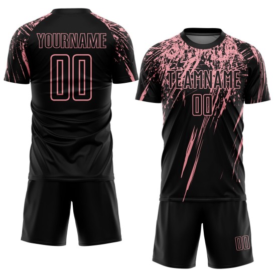 Schwarzes Sublimations-Fußballtrikot für individuelle Uniformen, Mittelrosa Schwarzes Sublimations-Fußballtrikot für individuelle Uniformen, Mittelrosa