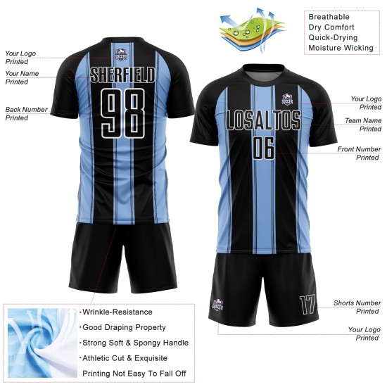 Uniform Hellblau-Weiß Custom Line Jersey Sublimation Fußball Schwarz Uniform Hellblau-Weiß Custom Line Jersey Sublimation Fußball Schwarz