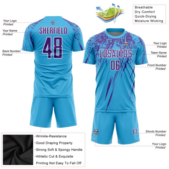 Fußball Lila-Weiß Custom Sublimation Uniform Sky Jersey Blau Fußball Lila-Weiß Custom Sublimation Uniform Sky Jersey Blau