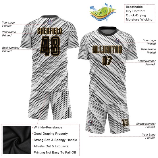 Benutzerdefinierte schwarz-alte Uniform Gold Fußball weiß Sublimation Jersey Benutzerdefinierte schwarz-alte Uniform Gold Fußball weiß Sublimation Jersey