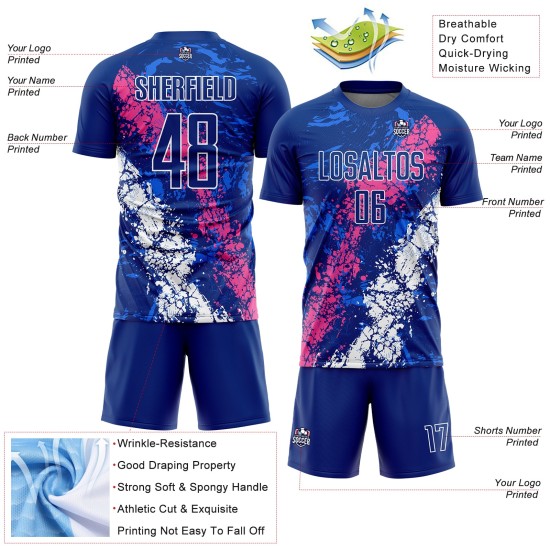 Benutzerdefinierte tropfende Sublimation Kunst rosa-weiß Jersey Fußball Royal Uniform Splatter Benutzerdefinierte tropfende Sublimation Kunst rosa-weiß Jersey Fußball Royal Uniform Splatter