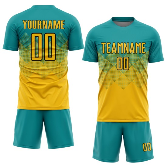 Sublimation Uniform Gold-Schwarz Teal Jersey Custom Fußball Sublimation Uniform Gold-Schwarz Teal Jersey Custom Fußball
