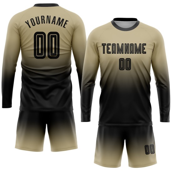 Vegas Soccer Fade Fashion Schwarze Ärmel Sublimation Langes Gold Benutzerdefiniertes Uniformtrikot Vegas Soccer Fade Fashion Schwarze Ärmel Sublimation Langes Gold Benutzerdefiniertes Uniformtrikot