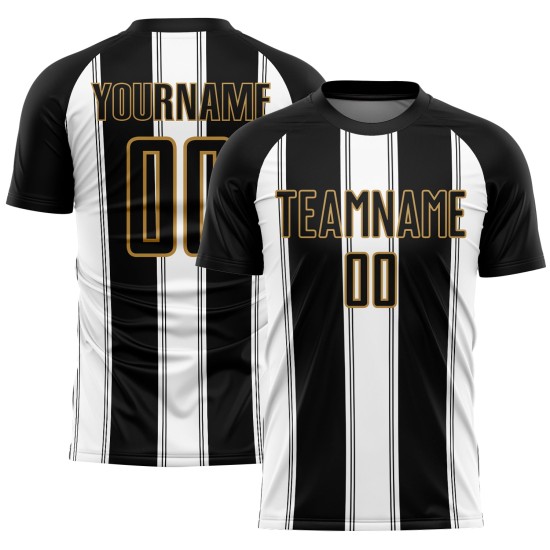 Weiß-Altes Fußballtrikot Sublimation Gold Line Schwarze Uniform Custom Weiß-Altes Fußballtrikot Sublimation Gold Line Schwarze Uniform Custom