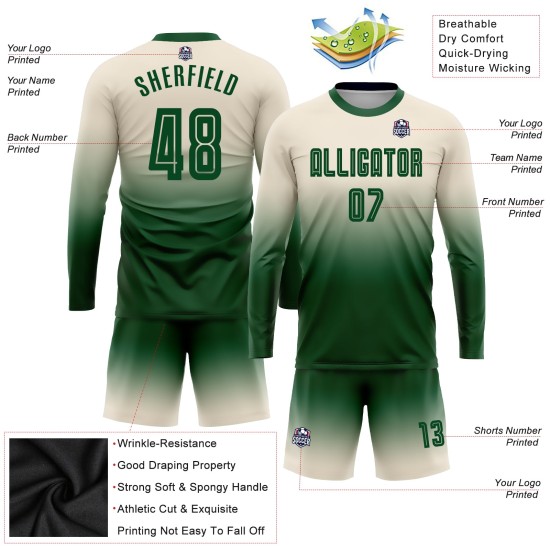 Grün Lange Verblassen Benutzerdefinierte Jersey Uniform Mode Ärmel Sublimation Creme Fußball Grün Lange Verblassen Benutzerdefinierte Jersey Uniform Mode Ärmel Sublimation Creme Fußball