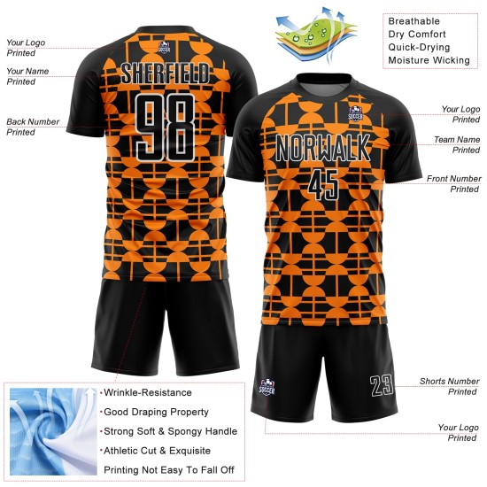 Uniform Schwarz Formen Orange-Weiß Sublimation Fußball Jersey Bay Geometrisch Benutzerdefinierte Uniform Schwarz Formen Orange-Weiß Sublimation Fußball Jersey Bay Geometrisch Benutzerdefinierte