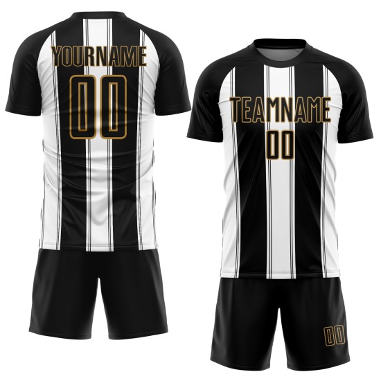 Weiß-Altes Fußballtrikot Sublimation Gold Line Schwarze Uniform Custom Weiß-Altes Fußballtrikot Sublimation Gold Line Schwarze Uniform Custom
