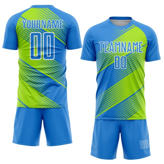 Trikot Grün-Weiß Uniform Linie Sublimation Fußball Pulver Neon Blau Custom Trikot Grün-Weiß Uniform Linie Sublimation Fußball Pulver Neon Blau Custom
