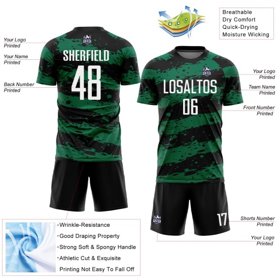 Weiß-Kelly Jersey Splash Green Uniform Custom Schwarz Fußball Sublimation Weiß-Kelly Jersey Splash Green Uniform Custom Schwarz Fußball Sublimation
