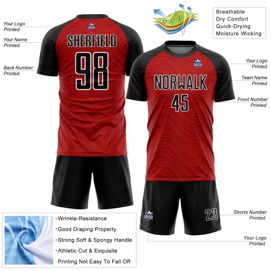 Wellenlinien Sublimation Uniform Fußball Rot Jersey Schwarz-Weiß Custom Wellenlinien Sublimation Uniform Fußball Rot Jersey Schwarz-Weiß Custom