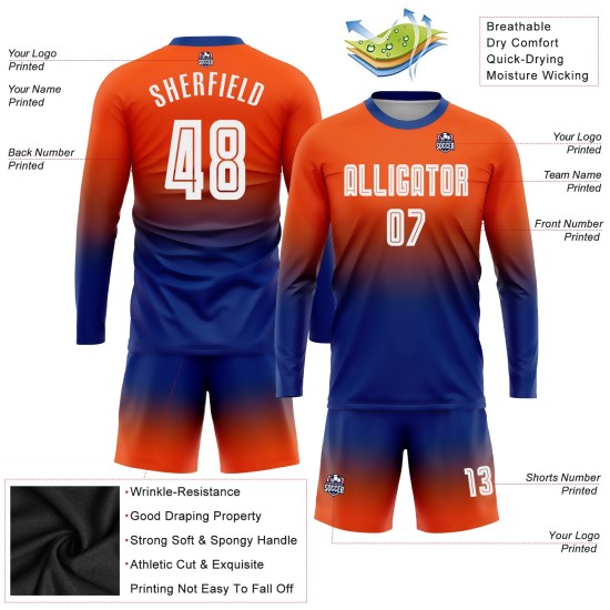 Fade Uniform Fußball Lange Custom Fashion Weiß-Royal Orange Sublimation Jersey Ärmel Fade Uniform Fußball Lange Custom Fashion Weiß-Royal Orange Sublimation Jersey Ärmel