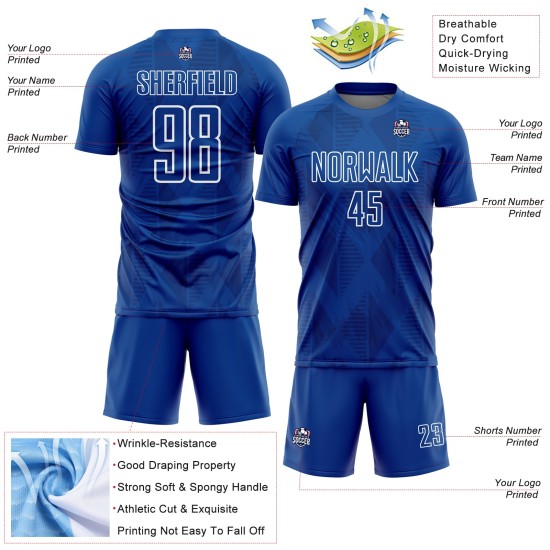 Weißes benutzerdefiniertes königliches geometrisches Uniform-Form-Fußball-Sublimationstrikot Weißes benutzerdefiniertes königliches geometrisches Uniform-Form-Fußball-Sublimationstrikot