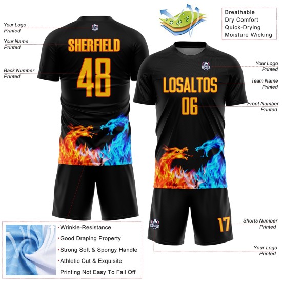 Black Dragon Flame Custom Fußball Uniform Trikot Gelb-Orange Sublimation Black Dragon Flame Custom Fußball Uniform Trikot Gelb-Orange Sublimation