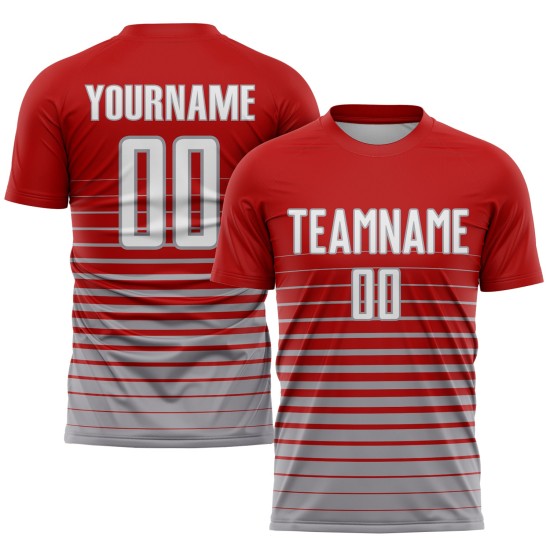 Mode Fußball Sublimation Nadelstreifen Rot Custom Jersey Uniform Fade Weiß-Grau Mode Fußball Sublimation Nadelstreifen Rot Custom Jersey Uniform Fade Weiß-Grau
