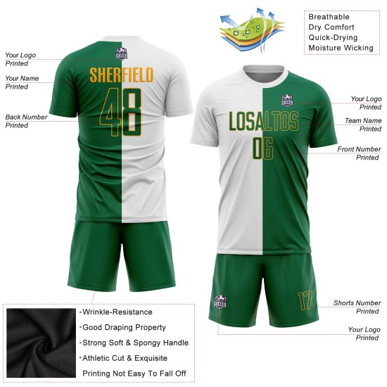 Weiß Custom Uniform Kelly Jersey Split Fashion Grün-Gold Sublimation Fußball Weiß Custom Uniform Kelly Jersey Split Fashion Grün-Gold Sublimation Fußball