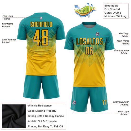 Sublimation Uniform Gold-Schwarz Teal Jersey Custom Fußball Sublimation Uniform Gold-Schwarz Teal Jersey Custom Fußball