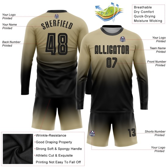 Vegas Soccer Fade Fashion Schwarze Ärmel Sublimation Langes Gold Benutzerdefiniertes Uniformtrikot Vegas Soccer Fade Fashion Schwarze Ärmel Sublimation Langes Gold Benutzerdefiniertes Uniformtrikot