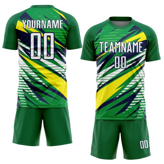 Benutzerdefinierte grün-weiße Sublimationsuniform Fußball-Gelb-Marine-Trikot Benutzerdefinierte grün-weiße Sublimationsuniform Fußball-Gelb-Marine-Trikot