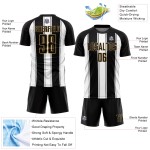 Weiß-Altes Fußballtrikot Sublimation Gold Line Schwarze Uniform Custom Weiß-Altes Fußballtrikot Sublimation Gold Line Schwarze Uniform Custom