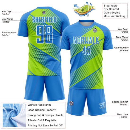 Trikot Grün-Weiß Uniform Linie Sublimation Fußball Pulver Neon Blau Custom Trikot Grün-Weiß Uniform Linie Sublimation Fußball Pulver Neon Blau Custom