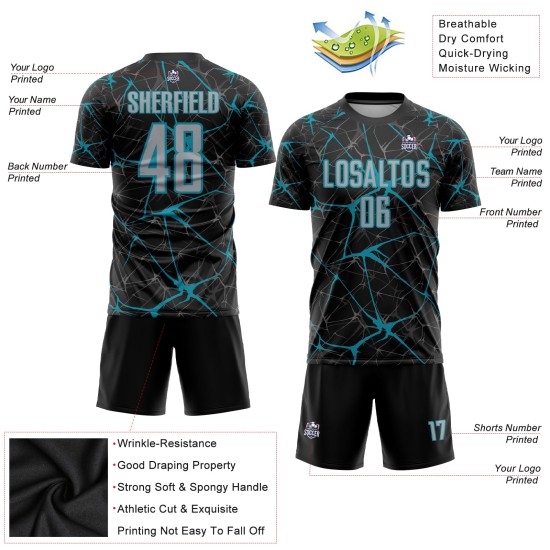 Uniform Fußball Custom Jersey Sublimation Schwarz Grau-Blaugrün Uniform Fußball Custom Jersey Sublimation Schwarz Grau-Blaugrün