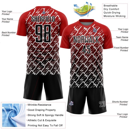 Sublimation Rot Custom Uniform Lightning Jersey Fußball Schwarz-Weiß Sublimation Rot Custom Uniform Lightning Jersey Fußball Schwarz-Weiß