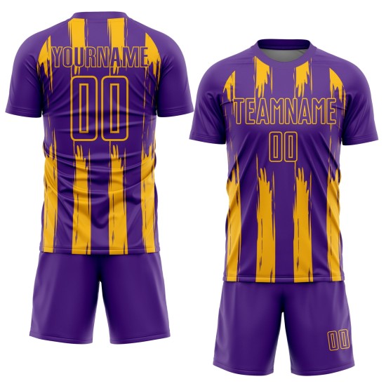 Benutzerdefinierte Gold Uniform Fußball Lila Jersey Abstrakte Streifen Sublimation Benutzerdefinierte Gold Uniform Fußball Lila Jersey Abstrakte Streifen Sublimation